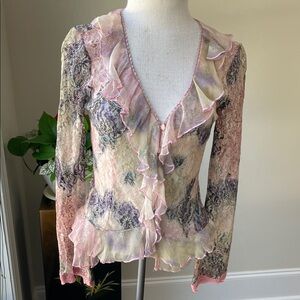 Casadei Pastel Pink Lavender Ruffled Sheer Blouse